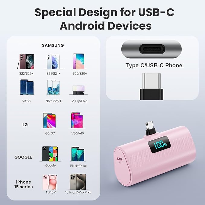 [2-Pack]Portable Charger for iPhone 16/15 Series,5200mAh PD USB C Power Bank Built-in USB-C Connector,Battery Pack Compatible with iPhone 16/16 Plus/16 Pro/16 Pro Max/15 Series,Android (Pink+Purple)