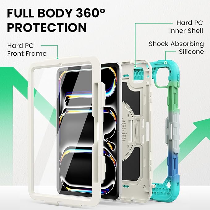 SEYMAC for iPad Pro 11 Inch Case M5 2025 / M4 2024, Heavy Duty Shockproof Protective Case with Screen Protector, 360° Rotating Stand, Hand/Shoulder Strap and Pen Holder, Colorful Blue