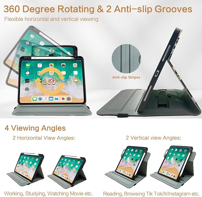 Vimorco for iPad Air M4/M3/M2 11 Inch Case 2026,for iPad Air 5th/4th Gen Cases 10.9-inch,for iPad Pro 11 Inch Case 4th/3rd/2nd/1st Generation 360 Degree Rotating Pencil Holder 4 Viewing Angles, Flower