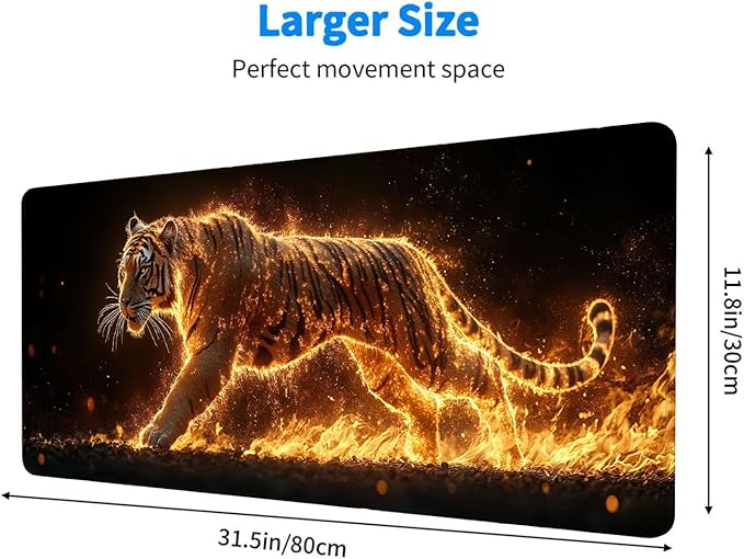 Tiger Mouse Pad Large Fire Running Animal Wildlife Mousepad XL Large Gaming Mouse Pad Laptop Keyboard Mat Desk Pad Great for Work-from-Home or Office Use 31.5x11.8 Inch