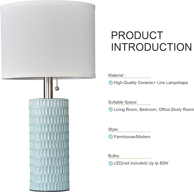 Reaketon Table Lamps for Living Room Set of 2, Ceramic Table Lamps for Bedroom, 20" Modern Lamps for Night Stands, Blue