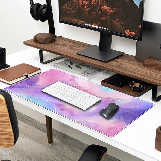 Desk Pad Purple Starry Sky Cute Gaming Mouse Pad Galaxy Gamer Girl Cute Pink Desk Decor Keyboard Desk Mat, Stitched Edges Desktop with Stitched Edges Non-Slip Large Computer Mat 31.5x15.7 in