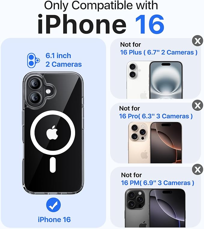 Magnetic for iPhone 16 Case[Compatible with MagSafe][Military-Grade Drop Protection][Anti-Yellowing] Shockproof Protective Translucent Matte Cover for iPhone 16 Phone Case,Clear