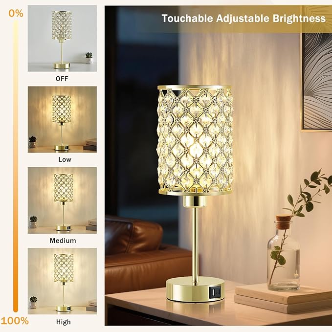 GyroVu Crystal Table Lamps Set of 2, Gold Touch Lamp for Nightstand with USB C+A Ports, Dimmable Small Bedside Lamp with Crystal Shade, End Table Desk Lamps for Bedroom, Living Room(Buld Included)