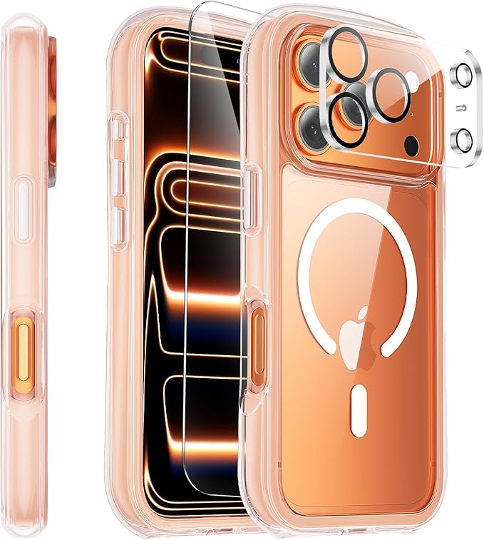 3-in-1 Air for iPhone 17 Pro Max Case with Screen Protector & Camera Lens Protector,[Fits MagSafe][Military-Grade Protection] [4-Side Built-in Airbag] Shockproof Case for 17 Pro Max (Clear-White)