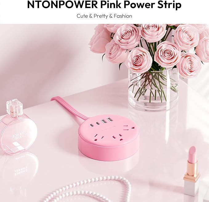 NTONPOWER Pink Extension Cord 5ft, Cute Power Strip with 3 AC Outlets & 2 USB C & 2 USB A, Flat Extension Cord, Wall Mount, Flat Plug Power Strip for Home, Dorm, Vanity Desk, Women Essential