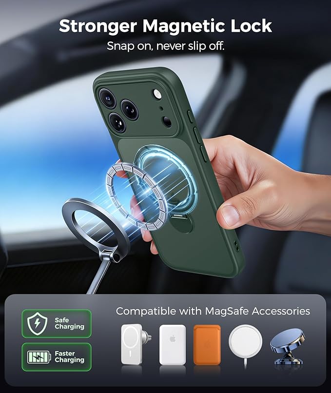 FNTCASE for iPhone 17 Pro-Max Case: [360 Spin Magnetic Stand] [Compatible with Magsafe] [Screen Protector] Translucent Matte Military Grade Shockproof Full Camera Protective Phone Cover - Green