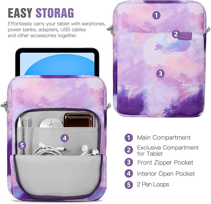 TiMOVO 9-11 Inch Tablet Sleeve Bag with Shoulder Strap for iPad 11-inch A16 2025, iPad 10th Gen. 10.9"/10.2", Galaxy Tab A9+/A11Plus 11", Watercolor Purple