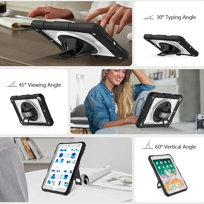 MENZO Shockproof Case for iPad 5th Gen/6th Gen/Air 2/Pro 9.7-inch with 360° Swivel Stand, Pencil Holder, Detachable Hand and Shoulder Strap, Black+Grey