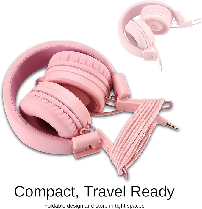 noot products Kids Headphones K11 Foldable Stereo Tangle-Free 5ft Long Cord 3.5mm Jack Plug in Wired On-Ear Headset for iPad/Girls/Boys/School/Laptop/Travel/Plane/Tablet-Soft Pink