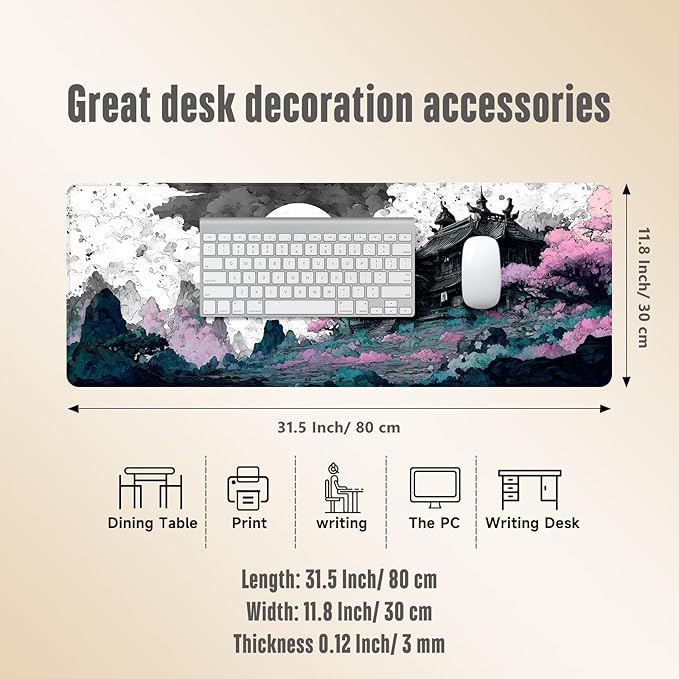 Extended Gaming Mouse Pad, Large Mouse Mat 3 mm Nature Rubber Base Mousepad with Stitched Edges, Non-Slip Desk Mat for Office Home Great Gift 31.5x11.8 Inch (Japanese Ink 1)