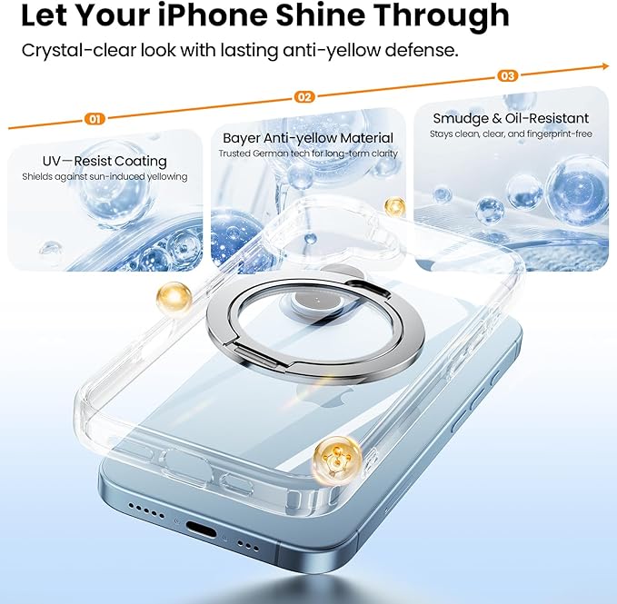 360°Ring Stand for iPhone 17 Case, Compatible with MagSafe,Suitable for Car Mount,Military-Grade Protective,Anti-Yellowing, Scratch-Resistant Back Cover Phone Case for iPhone 17 6.3", Clear Stand