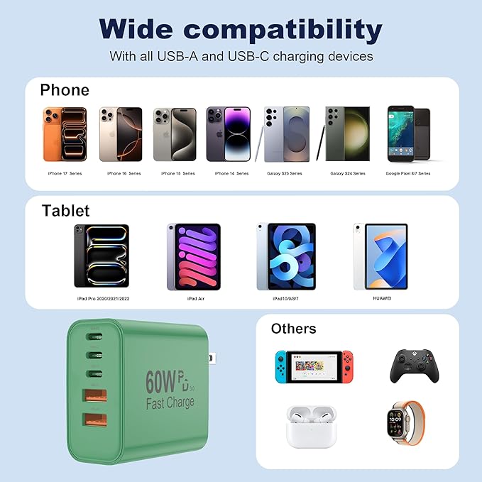 USB C Charger Block, 60W 5 in 1 Charging Blocks, PD 3.0 Fast Charger, QC 2A Green Wall Plug Multiport Type C Charging Block for iPhone 17 16 15 14 13 12 Pro Max, iPad, iPod, Samsung, AirPods Pro