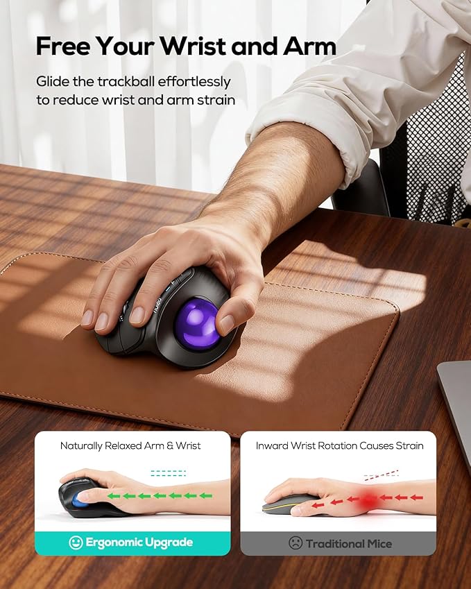 Nulea M514 Vertical Trackball Mouse, Ergonomic Wireless Thumb-Control Mouse with Quiet Clicks, 3 Device Connection (Bluetooth & USB Receiver), Rechargeable for PC/Mac/Laptop/Tablet.(Purple)