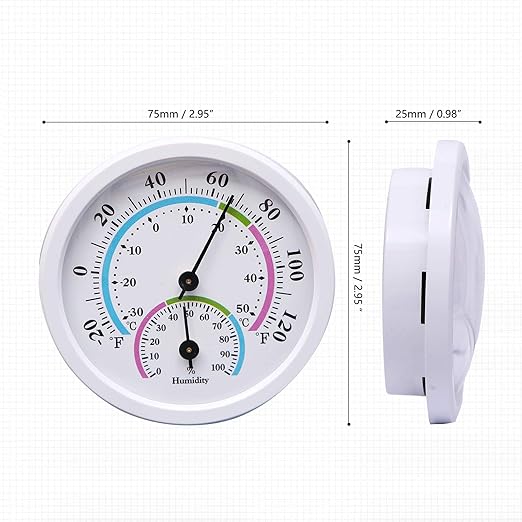 Mini Indoor Thermometer Hygrometer Analog 2 in 1 Temperature Humidity Monitor Gauge for Home, Room, Outdoor, Offices, Display Mechanical Diameter 75mm (No Battery Needed)-White