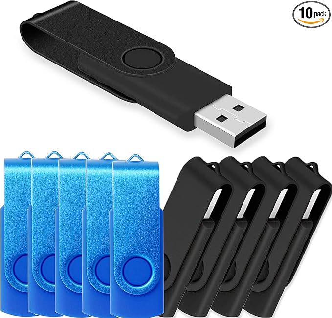 JBOS 2GB USB Flash Drive 10 Pack - Swivel Thumb Drives, USB2.0 Pen Drive for Data Storage, Black + Blue