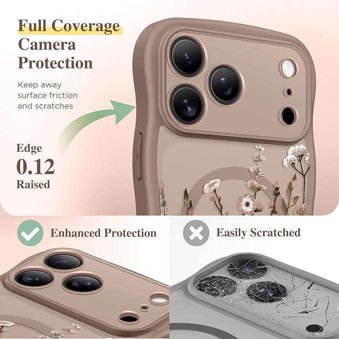 GVIEWIN for iPhone 17 Pro Max Case Compatible with MagSafe [Curly Wave Edge][Full Camera Protection] Floral Translucent Shockproof Magnetic Women Phone Case for 17 Pro Max, Floratopia/Brown