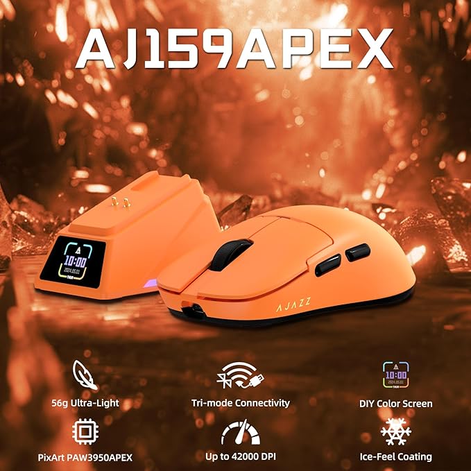 Yindiao AJAZZ AJ159 APEX Wireless Gaming Mouse with Magnetic Charging Base, 56g Lightweight BT/2.4G/USB-C Wired Mouse, PAW3950APEX 42K DPI Optical Sensor, Programmable Buttons for PC/Mac/Win(Orange)