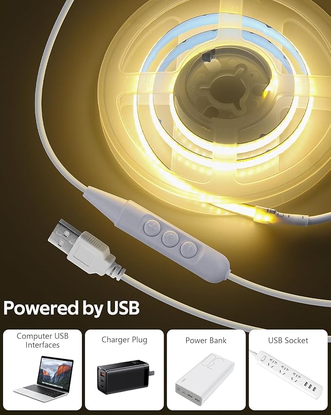 Aclorol DC 5V USB COB LED Strip Light 1.64FT/0.5M Dimmable LED Strip Light 3000K Warm White with 1.5M Long Power Cable Flexible for Bedroom Bedframe Headboard Kitchen Home DIY Lighting 320LEDs/M
