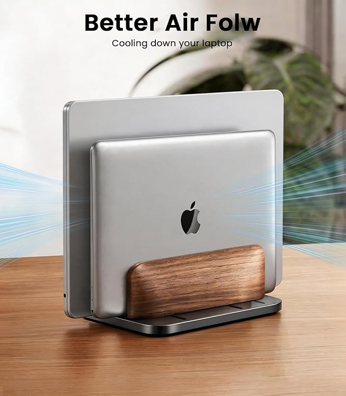 LOXP Vertical Laptop Stand, [Dual Slot Wooden + Aluminum Laptop Holder], Desktop Adjustable MacBook Stand, Adjustable Base, for MacBook Pro/Air, (up to 17.3-inch All laptops)