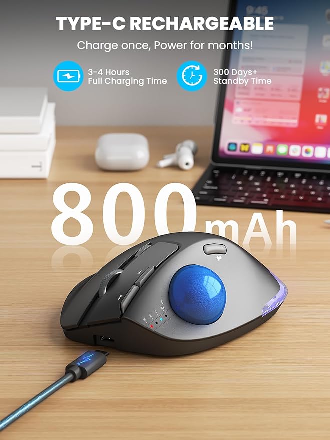 MAM1 Pro Wireless Trackball Mouse, Ergonomic Bluetooth Rechargeable Computer Mouse, Backlit Rollerball Thumb mice with 5 Level DPI, Adjustable Angle, 3 Devices Connection for PC, Windows - Blue Ball
