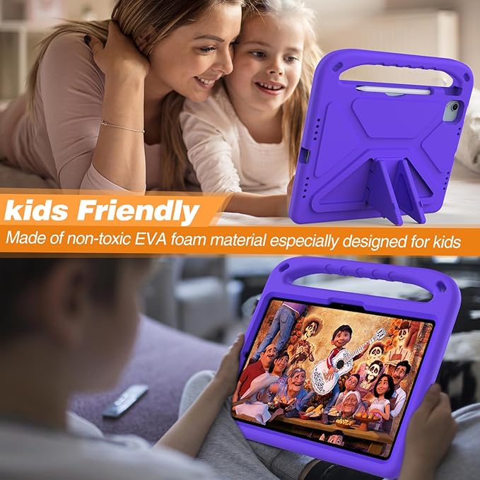 Dteck Kids Case for iPad Air 11" M2 (2024), iPad Pro 11" M4 (2024) with Pencil Holder, Shockproof Rugged Protective Handle Stand, EVA Foam Case, Purple