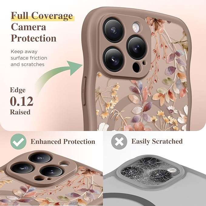 GVIEWIN for iPhone 15 Pro Case Compatible with MagSafe [Curly Wave Edge][Full Camera Protection] Floral Translucent Shockproof Magnetic Women Phone Case for iPhone 15 Pro 6.1'', Corn Poppy/Brown
