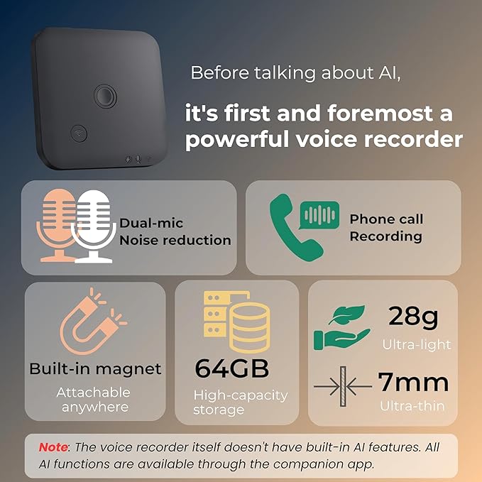 FoCase Note AI Voice Recorder, Transcribe & Summarize, Translation, APP Control with Chat GPT, Magnetic, 64GB Memory, Support 112 Languages, Audio Recorder for Phone Calls, Lectures, Meetings