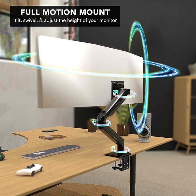 Mount-It! Heavy Duty Monitor Arm for 49”, 57" & Ultrawide Monitors, Full Motion Gas Spring | Holds 55 lbs | Tilt, Swivel & Rotate | VESA 75 & 100 | Clamp & Grommet Base | Fits Samsung Odyssey G9