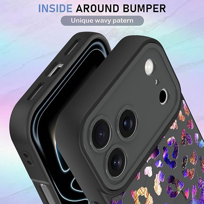 KANGHAR Compatible with iPhone 17 Pro Max Case, Support for MagSafe, Silicone Cute Iridescent Leopard Cheetah Pattern, Wristband Kickstand Shockproof Protective Slim Cover for Women Girls, Black