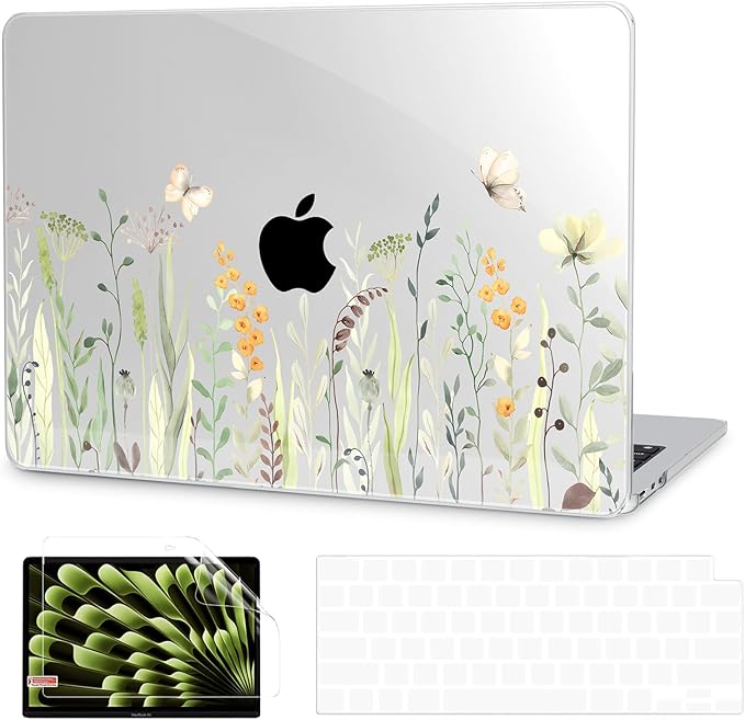 G JGOO Compatible with MacBook Air 13 inch Case 2026 2025-2022 M5 A3449 M4 A3240 M3 A3113 M2 A2681, Clear Hard Shell for MacBook Air 13.6 inch Case +Keyboard Cover +Screen Protector, Green Plant