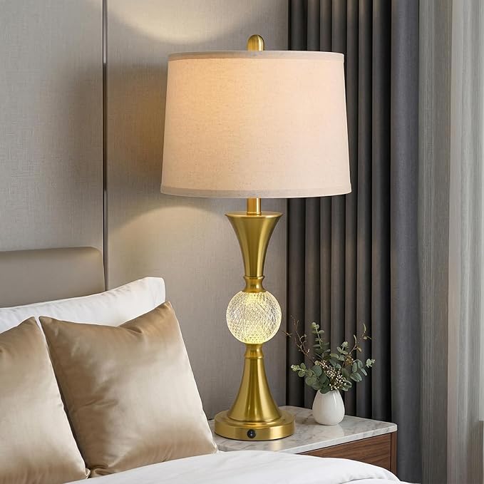 Oneach 28.5" Gold Table Lamps Set of 2, Tall Luxury Bedside Lamps with Night Light, USB A+C Charging Ports, Elegant Metal Nightstand Lamps for Bedroom Office End Table Decoration