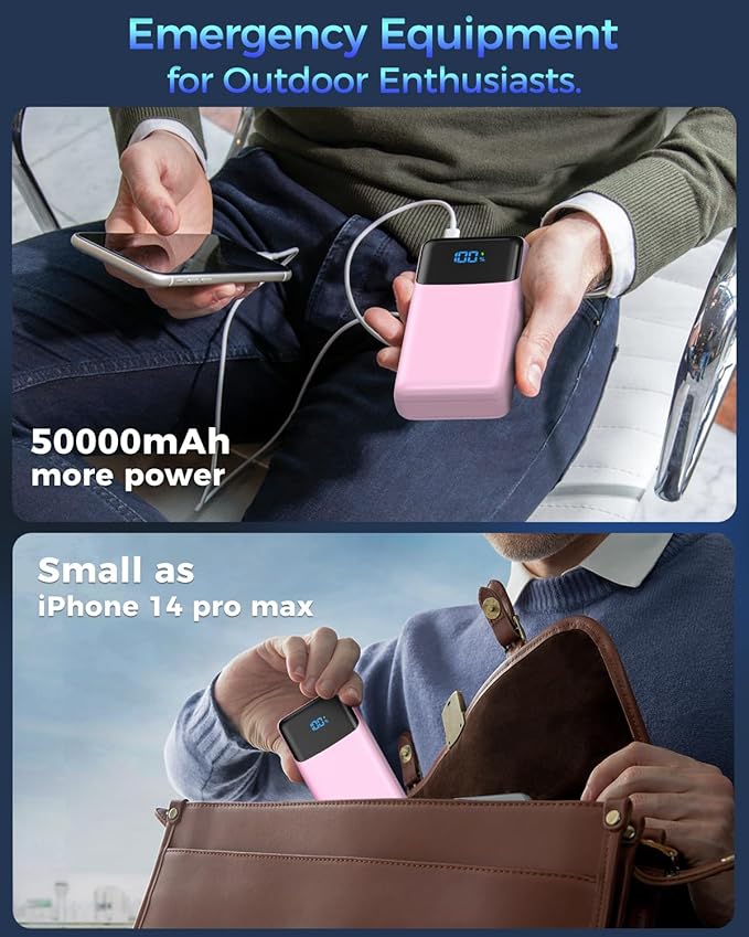 Portable Charger 50000mAh Power Bank, High Capacity External Battery Pack for Camping, USB-C PD 30W Fast Charging Portable Phone Charger for iPhone 17/16/15/14/13/12/11 Samsung Android (Pink)