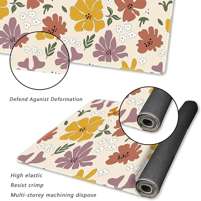 ARTSO Extended Gaming Mouse Pad, Cute XXL Large Keyboard Mat, Flower Long Mousepad Desk Decor Writing Pad Non Slip Rubber Base Stitched Edges for Office, Home, 35.4×15.7 in
