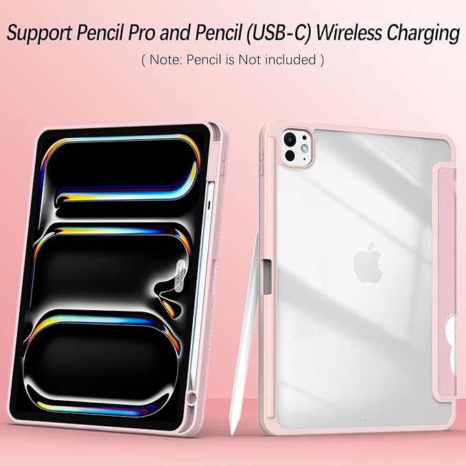 Case for iPad Pro 11-Inch M5/M4 2025/2024 (6th/5th Generation), Case with Pencil Holder, Clear Back Cover Cute Cool Design for Women Girls, Auto Sleep/Wake, Pink White Flower