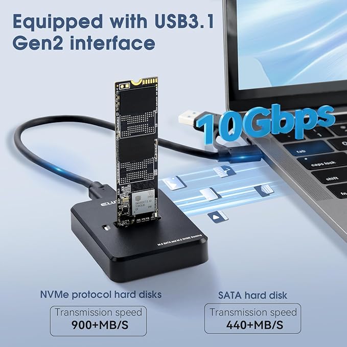 ELUTENG M.2 NVMe & SATA to USB C Docking Station Dual Protocol M.2 to USB C Adapter 10Gbps External SSD Enclosure for M Key, B+M Key Support 2280 2260 2242 2230 SSDs with 2in1 Cable