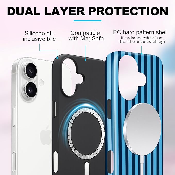 Magnetic for iPhone 16 Case Cute Stripes Phone Case, Shockproof Slim TPU and Hard PC Protective Phone Cover Compatible with MagSafe Designed for Women Girls, Lake Blue