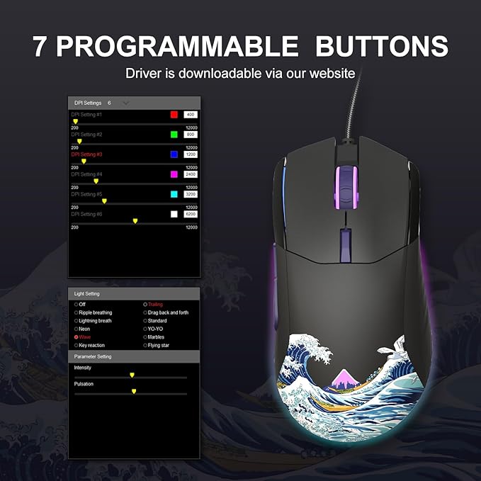 COSTOM Womier USB Wired Gaming Mouse for PC Computer Windows Mac Laptop, Lightweight Silent RGB Backlit Mouse with Adjustable 12000DPI/7 Programmable Side Buttons,Black Kanagawa Theme-G705 V2