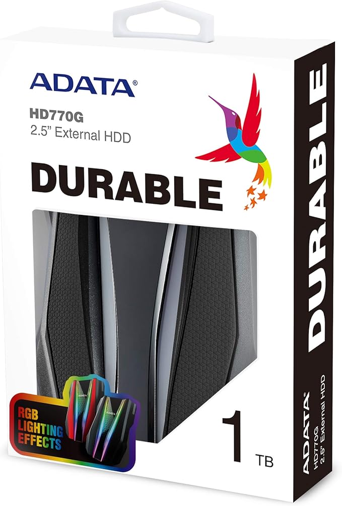 ADATA HD770G 1TB RGB USB 3.2 IP68 Waterproof Dropproof Dustproof External Portable HDD Black (AHD770G-1TU32G1-CBK)