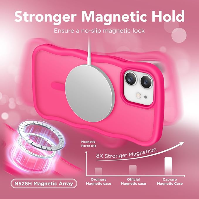 CAPRARO Cute for iPhone 12 Case & iPhone 12 Pro Case, Compatible with MagSafe, [Curly Wave Edge] [Camera Protection] [14 FT Drop Protection] Magnetic for iPhone 12/12 Pro, Hot Pink