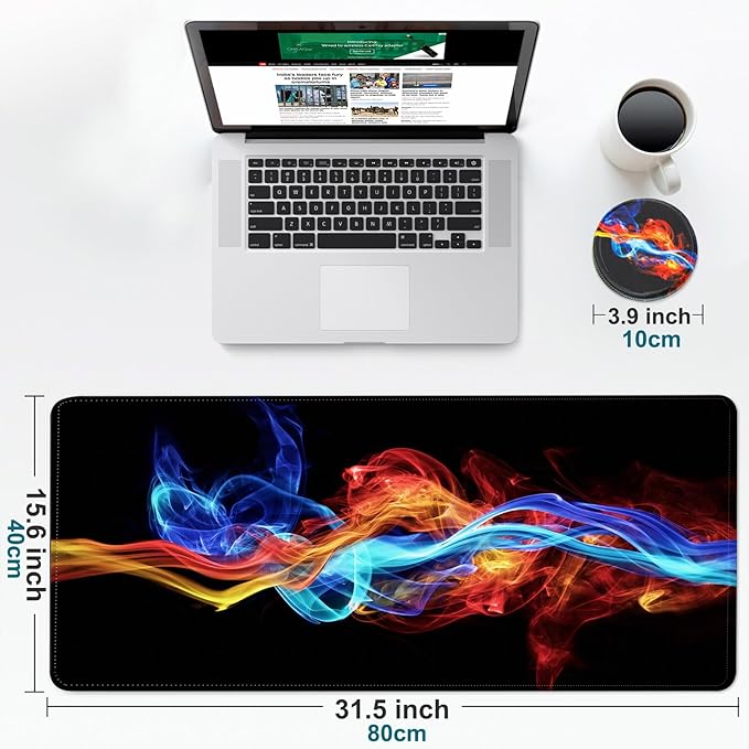 Large Gaming Mouse Pad with Coaster, Desk Matt for Desktop, Desk Pad, Mouse Pads Mat, Stitched Edges Big Extended Mousepad for Computer Keyboard Laptop Office Decor, 31.5'' x15.6''-Ice and Fire