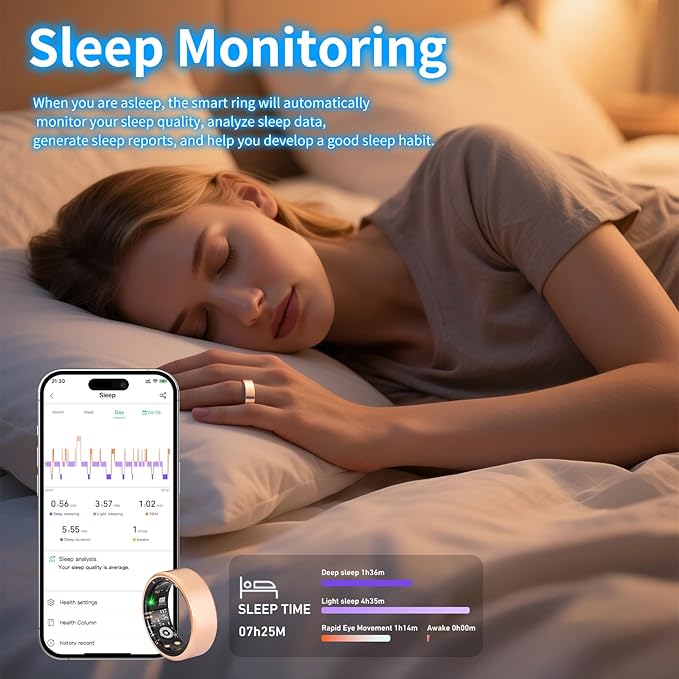 Smart Ring Health Tracker for Women Men with Fitness Tracker/Sleep Monitoring/Heart Rate/Blood Oxygen/Blood Pressure/Air Gestures /IP68 Waterproof, No Subscription Required, Charging Case
