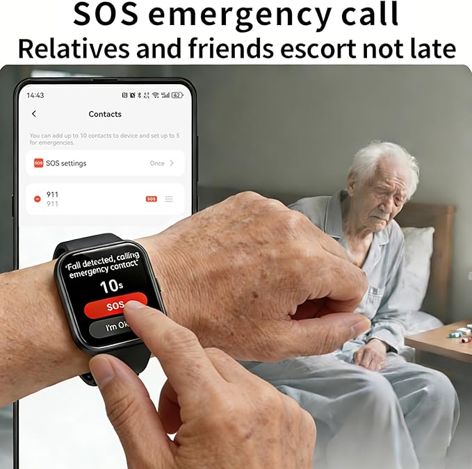 Fall Detection Smart Watch for Seniors Fall Alert Watch with SOS Heart Rate Monitor Sleep Monitoring Pedometer for Android iOS