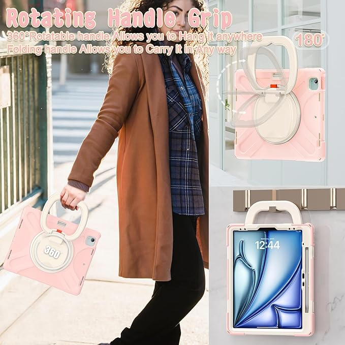 SCSVPN Case for iPad Air 13 inch M4/ M3/ M2 (2026/2025/2024) & iPad Pro 12.9 Case 6th/5th/4th/3rd Gen 2022 2021 2020 2018, Protective Cover w/Pencil Holder, Rotate Stand/Handle, Shoulder Strap, Pink