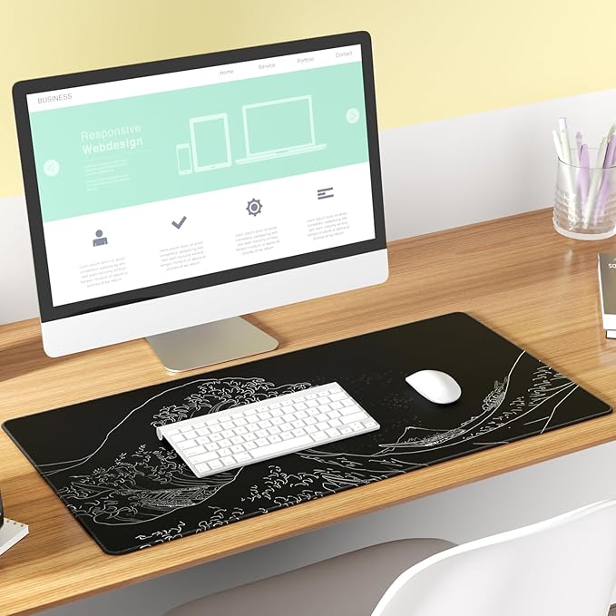 KTRIO Large Gaming Mouse Pad Desk Mat, Superior Micro-Weave Cloth, Non-Slip Rubber Base, Stitched Edges, Water-Resistant, for Gamer, Office & Home, 31.5 x 15.7 Inch，Kanagawa Wave