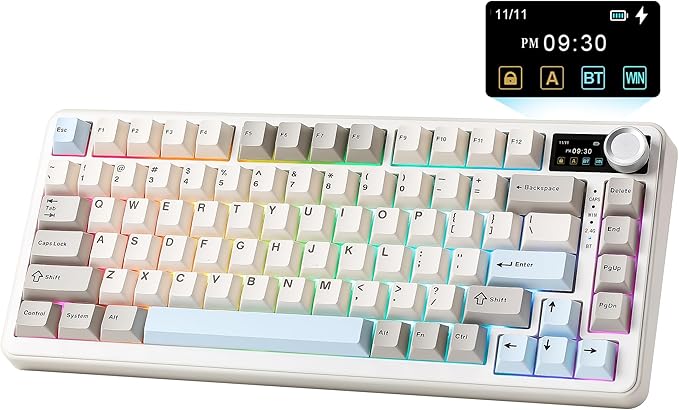 YUNZII B75 PRO MAX QMK/VIA Wireless Mechanical Keyboard,75% Layout with Screen and Knob,Custom Hot Swap Gasket,Creamy Pre-lubed Switches,Bluetooth/Type-C/2.4G for Win/Mac (Beige,Candy Switch)