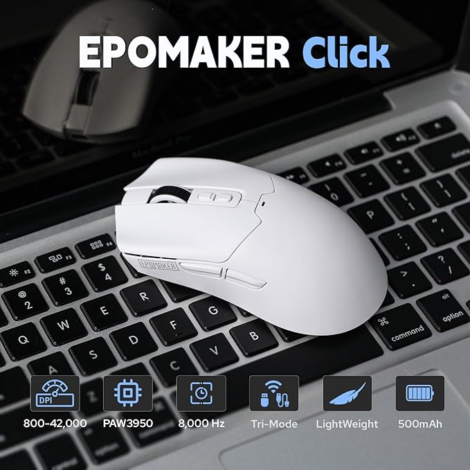 EPOMAKER Click Gaming Mouse Wireless 2.4Ghz/BT/Type-C, 800 to 42,000 DPI Adjustable, 8K Polling Rate, 500mAh, Lightweight Optical Mouse, for PC/Mac/Linux (White)