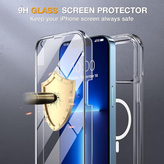 Miracase iPhone 13 Pro Max Glass Case - 2023 Upgrade Full-Body Clear Bumper with Magnetic Ring and 9H Screen Protector