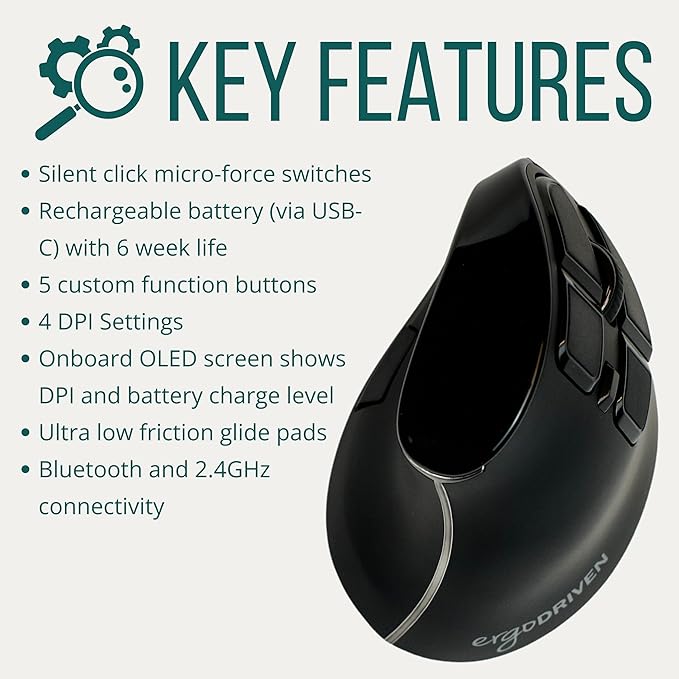 Ergodriven Om Vertical Ergonomic Mouse | Wireless: Bluetooth & 2.4G | Rechargeable, Optical, 4 DPI Levels, 5 Custom Buttons | for PC, Mac, Laptop, Computer | Silent Click | Copy/Paste Function