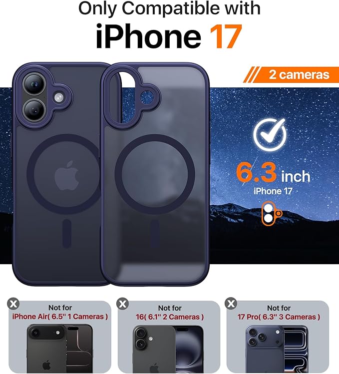 Magnetic for iPhone 17 Case,[Anti-Slip][Compatible with MagSafe][Military Grade Drop Protection] Shockproof Protective Translucent Matte Phone Case for iPhone 17 Case,Titanium Blue